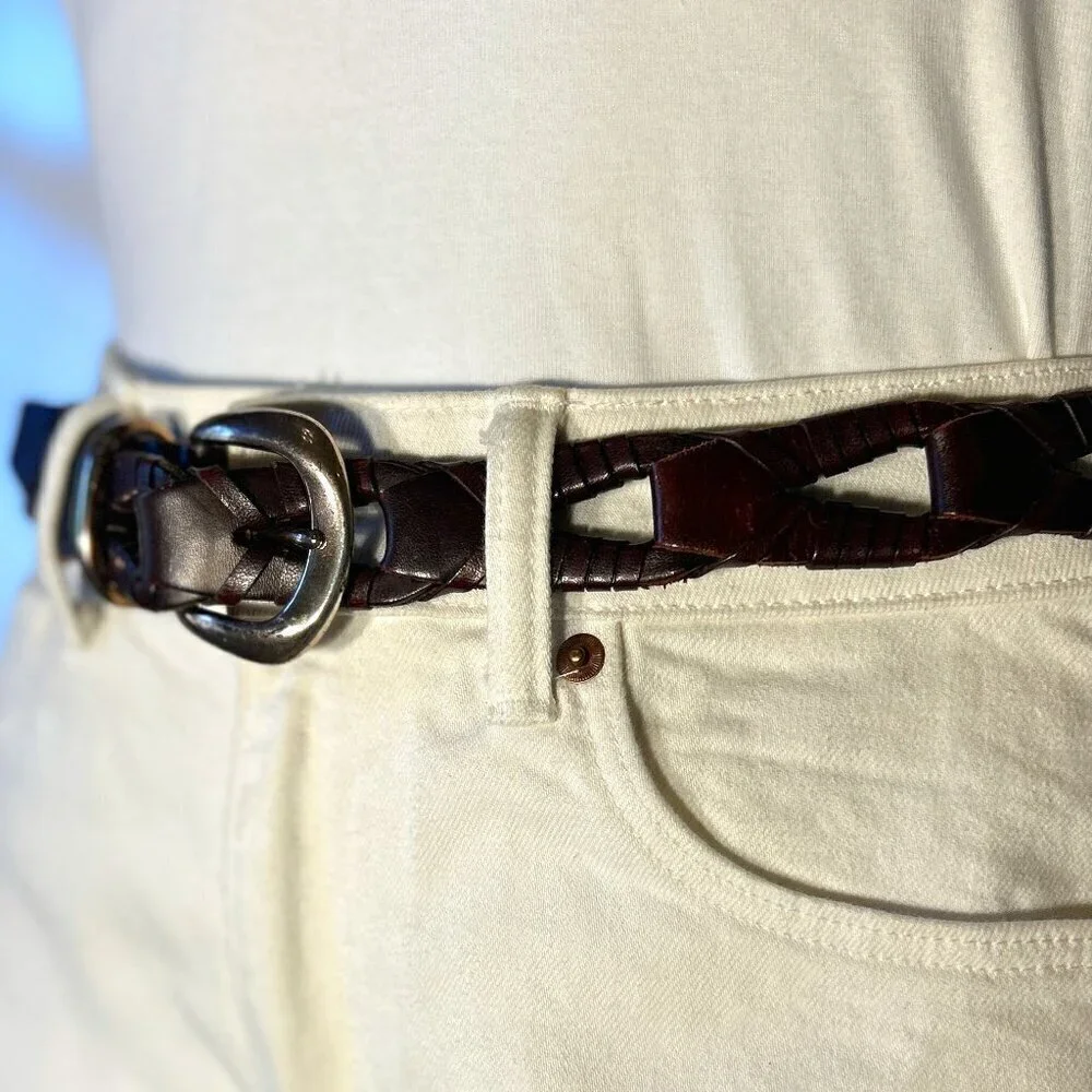 Belt SZ M Dark brown leather unique hand woven open cutwork pattern essential